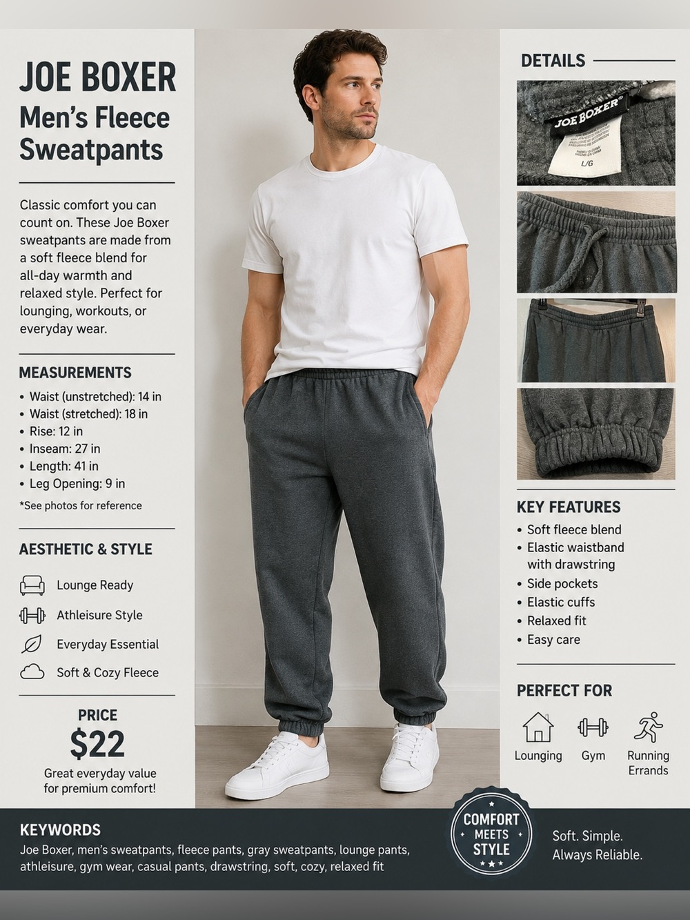 Joe Boxer Dark Gray Mens Elastic Cuff Sweatpants